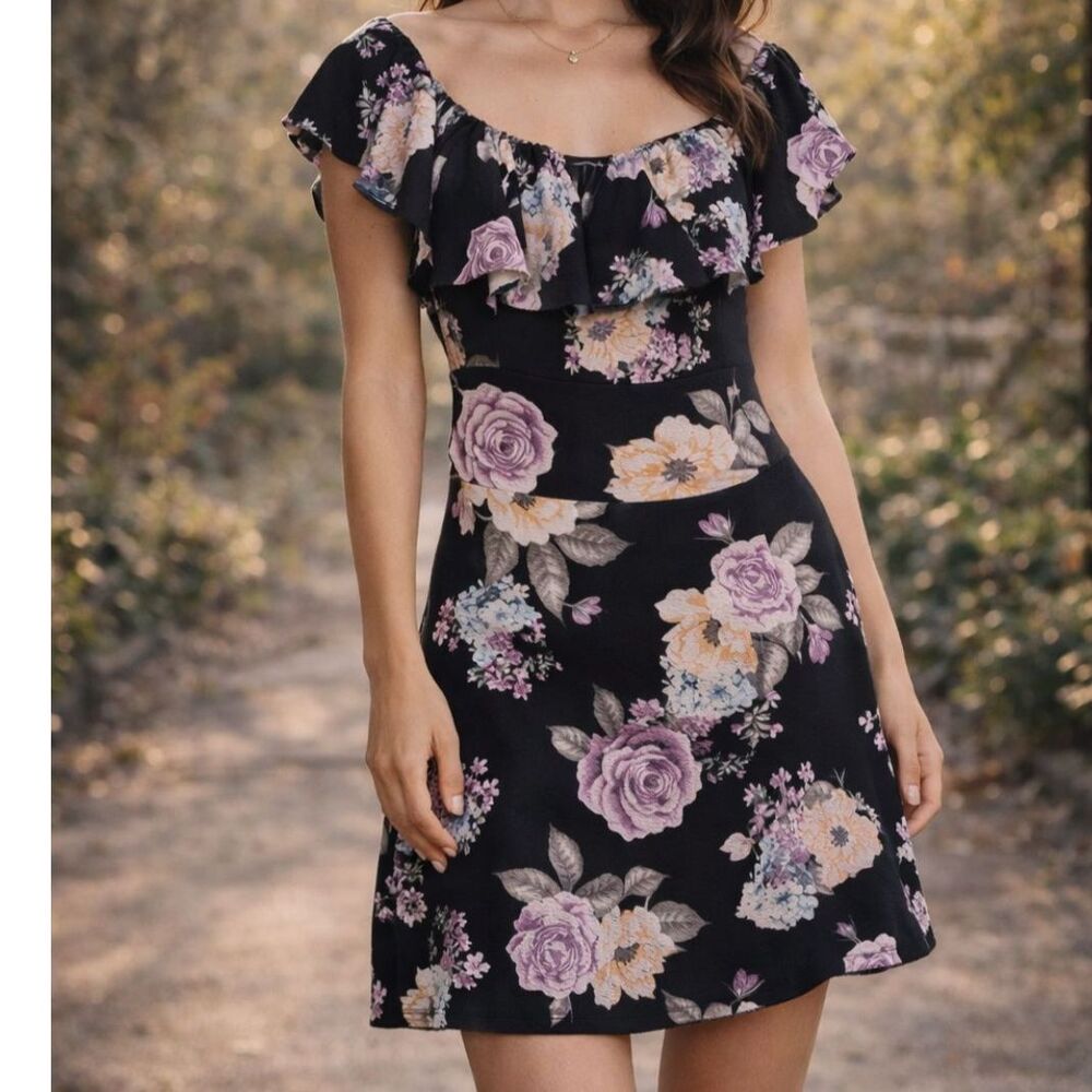 2 for $20 Almost Famous Floral Ruffle Dress M Whimsigoth Romantic Mini Black Y2K